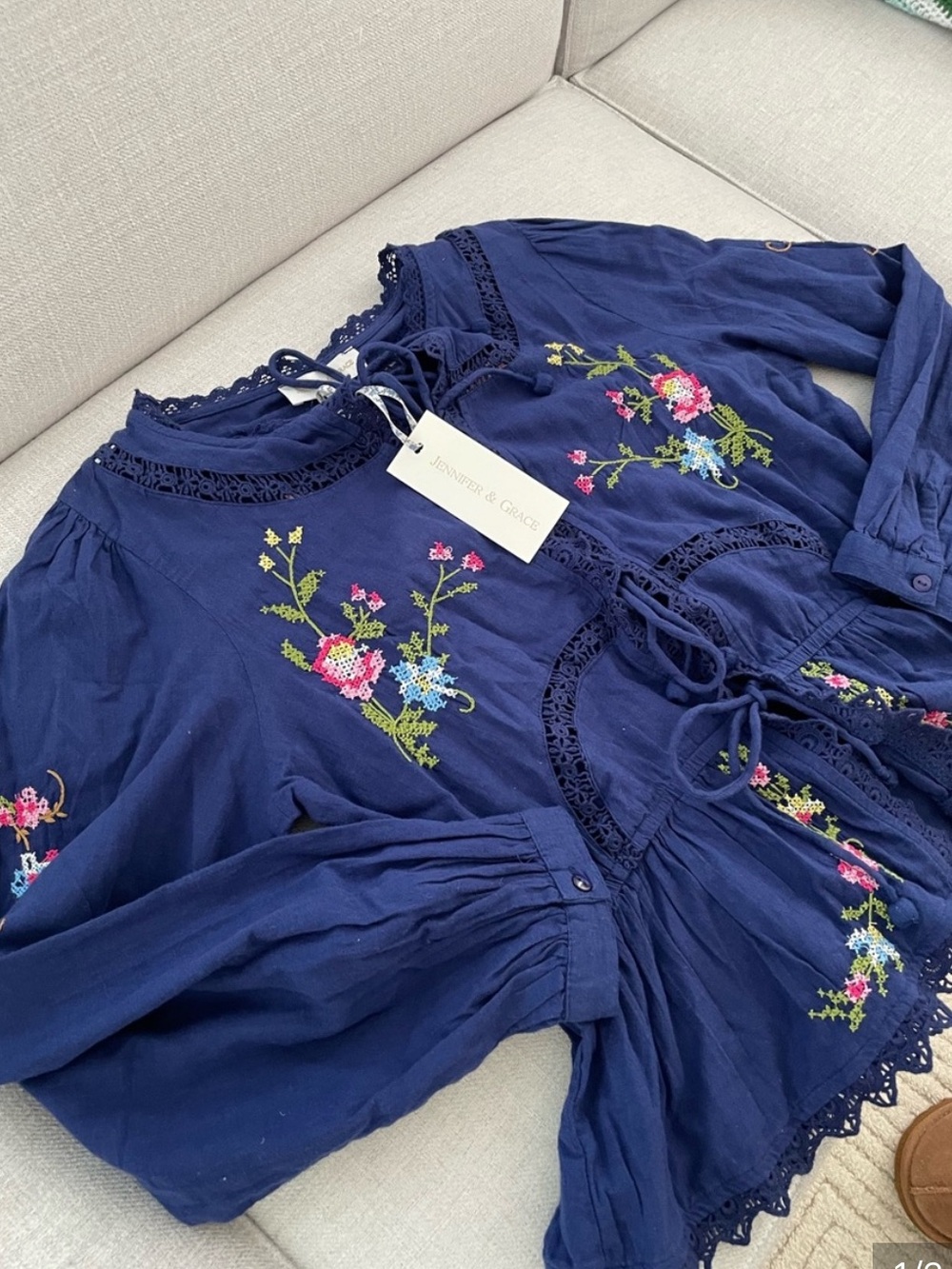 Jennifer and grace navy embroidered flower cottagecore blouse